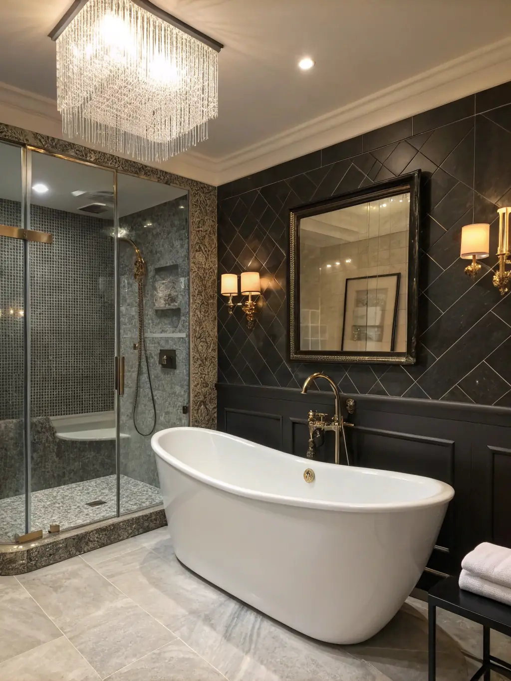 A luxurious bathroom featuring a walk-in shower, soaking tub, and elegant tile work, reflecting T&M General Construction's commitment to quality bathroom renovations.